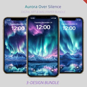 Aurora Borealis Phone Wallpaper Bundle, Calm Northern Lights, Ice Landscape Night Sky Instant Download
