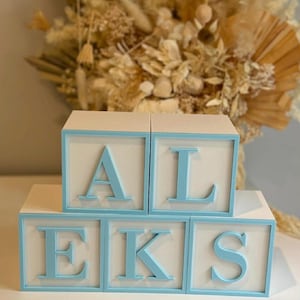 May include: Wooden alphabet blocks spelling "ALEKS". Each block features a light blue border and light blue letters. The blocks are arranged on a white surface, with dried flowers in the background.