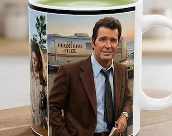 Keramische mok met collage van The Rockford Files, portret van James Garner, fotokunst uit de tv-serie.