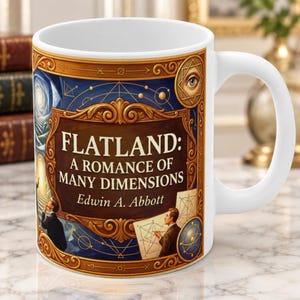Puede incluir: Una taza de cerámica blanca con un diseño gráfico inspirado en el libro Flatland: A Romance of Many Dimensions de Edwin A. Abbott. La ilustración incluye un marco central marrón, patrones geométricos, un símbolo de ojo y figuras.