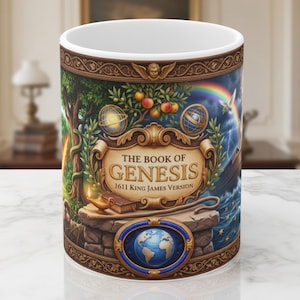 May include: A white ceramic mug featuring a colourful illustration of The Book of Genesis 1611 King James Version. The design includes a central scroll, a globe, a tree with fruit, a rainbow, a dove, a lamp, and a staff on a stone base.