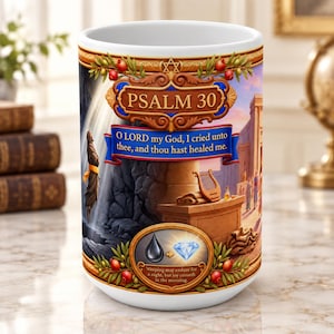 May include: A white ceramic mug featuring a colorful illustration of Psalm 30. The design includes the text 'PSALM 30' and 'O LORD my God, I cried unto thee, and thou hast healed me.' It also displays a graphic of a black teardrop turning into a diamond.