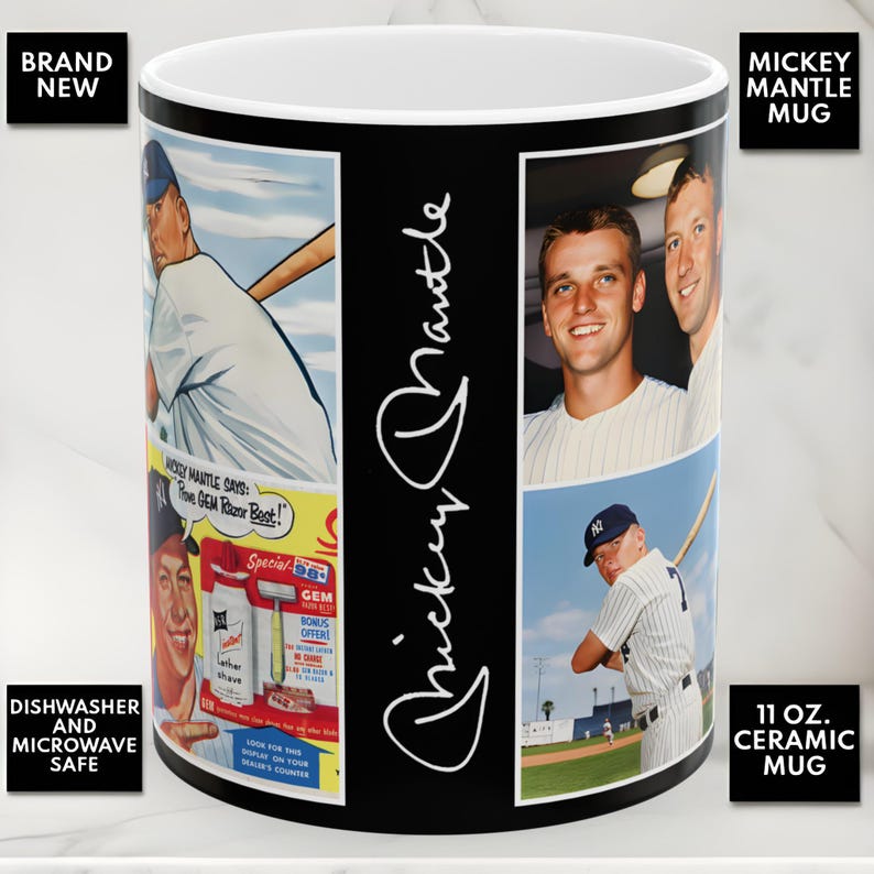 Mickey Mantle, 11 oz Mug, MLB Baseball Memorabilia, New York Yankees Sports Cup 1950s 1960s