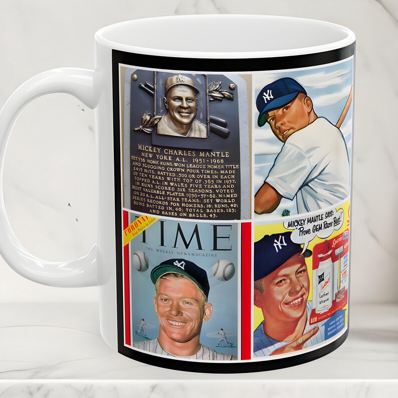 Mickey Mantle, 11 oz Mug, MLB Baseball Memorabilia, New York Yankees Sports Cup 1950s 1960s