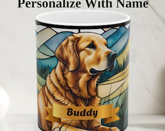 Stained Glass Golden Retriever Mug: Personalized Pet Art Ceramic Cup