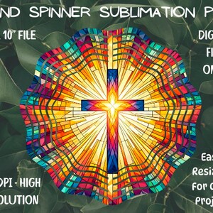 May include: A colorful stained glass design of a cross with a sunburst effect. The design is perfect for a wind spinner and is available in 8-inch and 10-inch sizes. The image is 300 DPI and high resolution.