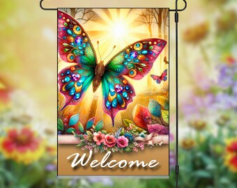 Jeweled lebendige Schmetterling willkommen digitale Kunst Gartenflagge