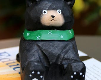 Hand Carved Wooden Black Bear Figurine Phone Stand, Desk Decor