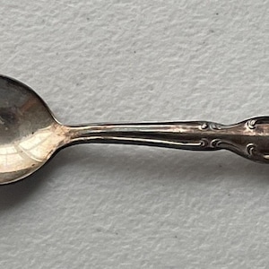 May include: A silver teaspoon with an ornate handle and a plain, oval-shaped bowl. The back of the handle has the inscription "Wallace Sterling"