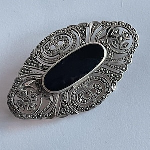 Vintage Art Deco 925 Sterling Silver Black Onyx and Marcasite Cutout Brooch Pin