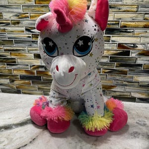 Vintage Large Unicorn White Pink Blue Sparkle Stars Plush by Peek A Boo Toys