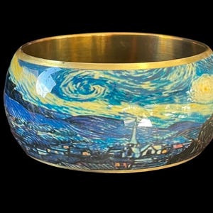 Vintage Starry Night Van Gogh Gold Tone Metal Bangle Bracelet