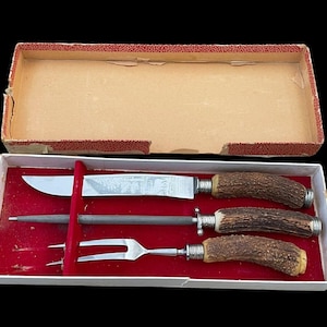Rare Kienel & Piel Solingen Stainless Stag Handle Carving Set Knife Germany 40s