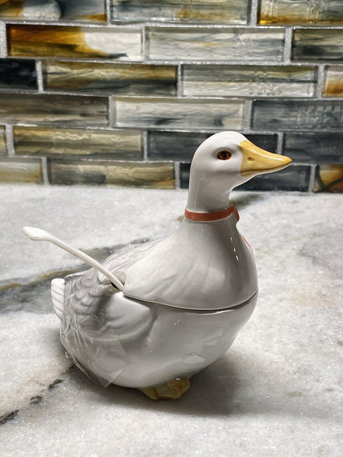 Otagiri JAPAN Ceramic Goose Condiment Jam Jelly Container & Spoon