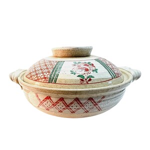 Vintage Japanese Donabe 12.5 Inch Hand Painted Floral Banko Yaki Large Family Clay Pot