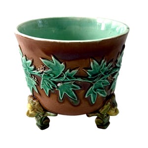 Antique Victorian Majolica Planter Green Ivy & Lion Head Feet 1880s Jardiniere Cache Pot Barbotine