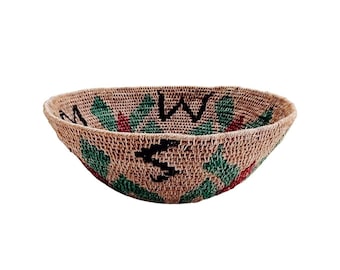 Vintage östafrikansk spiralkorg geometriskt motiv handvävd skål boho kustvästlig traditionell sisal korgflicka