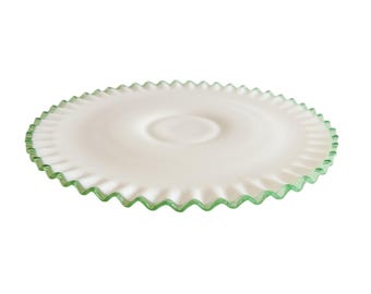Vintage Fenton Emerald Crest Milk Glass Ruffled Footed Cake Plate Platter 14 Inch