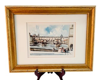 Vintage Aldo Raimondi-print | Ponte Vecchio, Florence, Italië, stadsgezicht | Ingelijste lithografie | Italiaanse kunst uit het midden van de eeuw | Grandmillennial