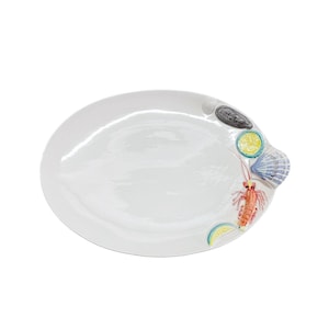 Piatto da portata grande vintage Desuir Int Italy per frutti di mare, stile maiolica, con decorazioni a conchiglia di gamberi in rilievo.