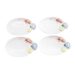 Set di 3 piatti ovali vintage Desuir Int Italy per frutti di mare, stile maiolica, con decorazioni a conchiglia di gamberi e limone in rilievo 3D.