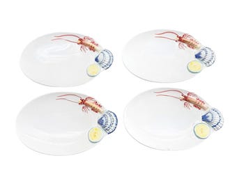 Set mit 3 Vintage Desuir Int Italy Fischtellern Majolica Style Shrimp Shell Lemon 3D geprägte ovale Teller