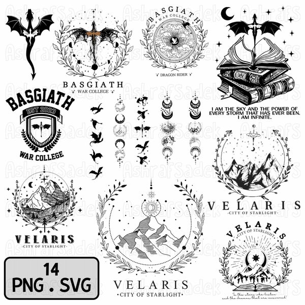 Vierter Flügel SVG Bundle, Stadt des Sternenlichts svg, Drachenreiter svg, Romantasy Fantasy, Bücherwurm svg, War College svg, Basgiath War College svg