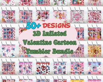 3D Inflated Valentine Cartoon Movie Tumbler Bundle, Valentine’s Day Tumbler Wrap, Puff Valentine 20oz Skinny Tumbler Wrap Design PNG