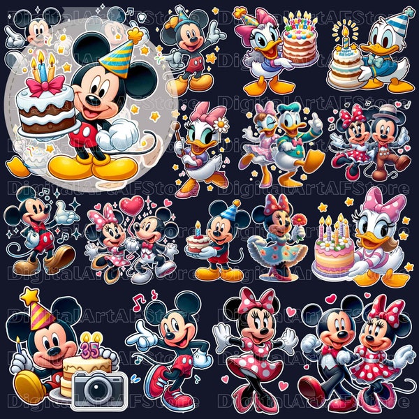 Mouse And Friends Birthday PNG Bundle, Dis ney Cartoon Cupcake Birthday Png for Sticker Shirt, Cartoon Character Movie Happy Birthday Png