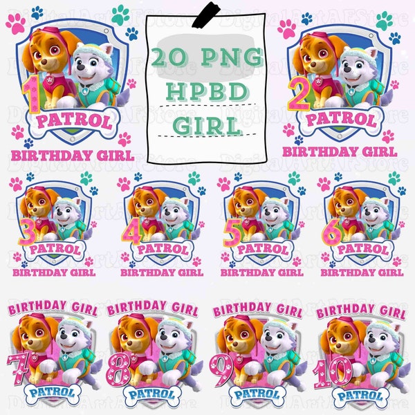 20 Patrol Birthday Girl PNG Bundle, P aw Pa trol Birthday Girl Shirt, Birthday Girl Png, Girl Birthday Party Shirt Png Design