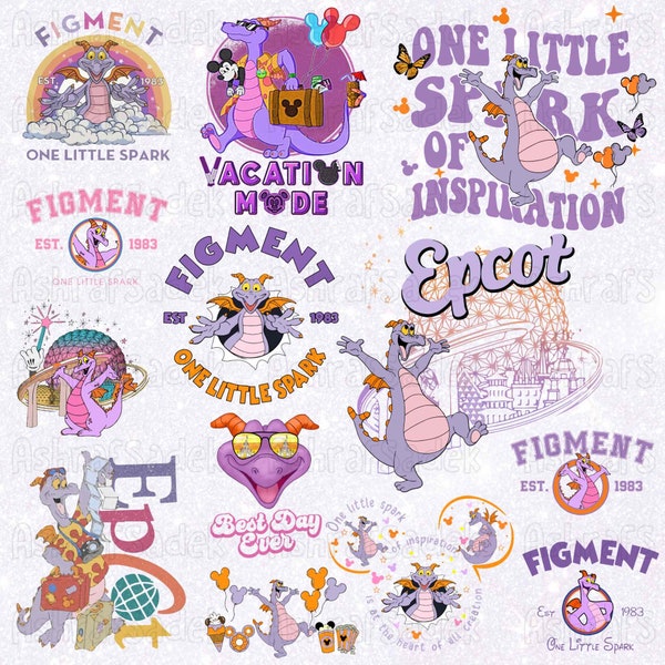 14 Retro Dis ney Figment Png Bundle, Figment The Dragon Png, Dis ney Epcot Figment Png, Figment One Little Spark Png, Purple Dragon Png