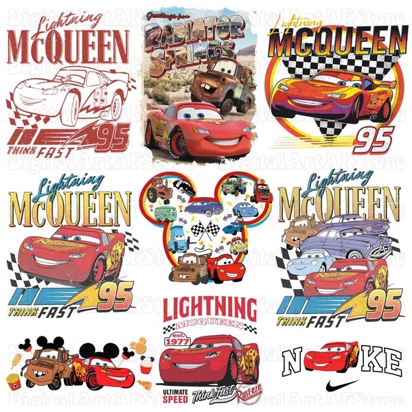 Retro Lightning Mcqueen PNG Bundle, Think Fast Cars Png, Rusteze Cars PNG, Pixar Cars PNG, Car Family Vacation Png, Lightning Mcqueen Png