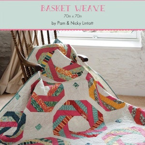 May include: A quilt pattern called "Basket Weave" by Pam & Nicky Lintott. The quilt is made with a jelly roll or 40 strips of fabric, each 2 1/2 inches wide. The quilt is 70 inches by 70 inches.