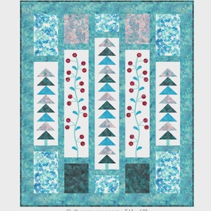 May include: A colorful quilt with a floral and tree design. The quilt features a teal background with rectangular and square patterns. The central design includes rows of triangular trees in shades of blue and green, and red berries. The quilt measures approximately 56" x 68".