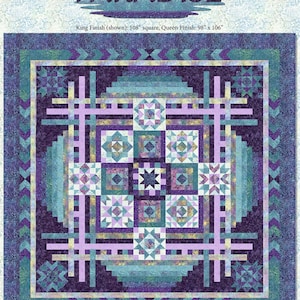 May include: A quilt pattern called "Paradise" with a purple, teal, and white color scheme. The pattern is for a king-sized quilt, measuring 108 inches square, or a queen-sized quilt, measuring 98 inches by 106 inches.