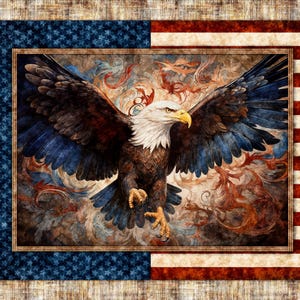 May include: A rectangular fabric panel featuring a central bald eagle with outstretched wings, white head, and yellow beak. The eagle is set against a background of swirling patterns, framed by a border displaying the American flag with stars and stripes.