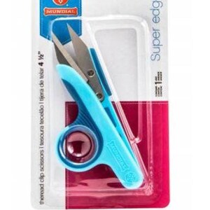 May include: Blue thread clip scissors with a black blade and a white label that says "Mundial" and "Super edge".
