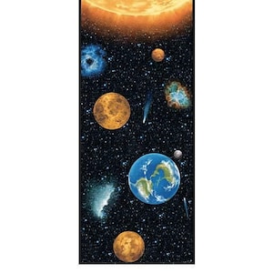 May include: A black background with a large orange sun and several planets, including Earth, in a starry sky. The panel measures approximately 24 inches by 57 inches.