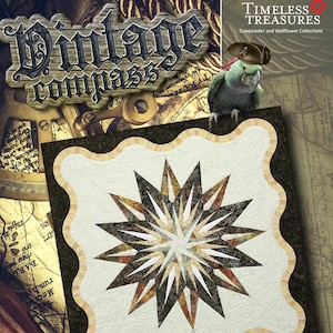 May include: A quilt with a vintage compass design. The quilt features a starburst pattern in shades of brown, beige, and black, set against a white background. The words "Vintage compass" are displayed in a decorative font. A parrot wearing a pirate hat is perched on the quilt.