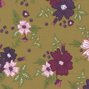 May include: A mustard yellow fabric with a repeating pattern of purple, pink, and white flowers with green leaves and small dark purple dots.