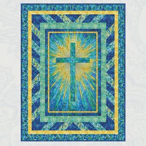 May include: A quilt pattern titled "Rays of Glory" featuring a central cross design with radiating light. The quilt uses shades of blue, green, and yellow, with a geometric border. The pattern is from Bound to be Quilting.