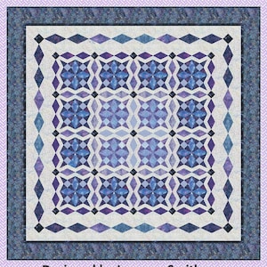 May include: A quilt pattern titled "Diverging Double Diamond" by Laureen Smith. The quilt design features a geometric pattern in shades of blue and purple, with a diamond motif. The quilt measures 98" x 98". The image also includes the text "Tourmaline & Thyme Quilts".
