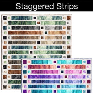 May include: A quilting pattern titled "Staggered Strips" with two examples of the pattern. The first example features a variety of brown, green, and blue colors. The second example features a variety of purple, blue, and pink colors. The pattern is available from Pine Tree Country Quilts, PO Box 343, Stillwater, ME 04489 (207) 827-3876, www.pinetreecountryquilts.com.