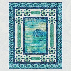 May include: A quilt pattern titled "Whorl Whimsy" featuring a central design of swirling nautilus shells in shades of blue and green. The quilt has a patterned border with geometric shapes and a light blue background. The brand "Bound to be Quilting" is also visible.