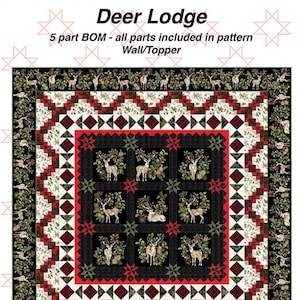 Peut inclure: Un modèle de courtepointe pour une suspension murale de 72 pouces par 72 pouces appelée "Deer Lodge". Le motif présente un fond noir avec un motif répété de cerfs dans un décor forestier. Le motif est conçu par Jackie Robinson et est disponible en 5 parties BOM (Block of the Month).