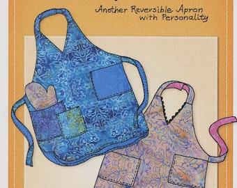 May include: A pattern for a reversible hot dish apron, featuring two apron designs with floral patterns in blue and purple. The text reads "Hot Dish Apron Pattern" and "Another Reversible Apron with Personality."