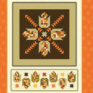 Peut inclure: Un modèle de quilting pour un bloc de maïs de 12,7 cm. Le modèle s'appelle "Let's Pop Some Corn" et est conçu par Sandy Gervais. Le modèle présente un fond brun avec un motif de maïs en patchwork dans des tons d'orange, de jaune et de brun.