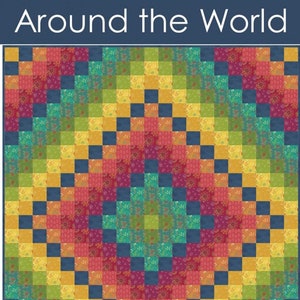 May include: A quilt pattern called "Around the World" featuring a colourful diamond pattern in shades of yellow, green, blue, red, and orange. The pattern is made up of small squares with floral prints. The quilt pattern is available in four sizes: baby, lap, throw, and queen. The pattern is designed by Myra Barnes and is available from Busy Hands Quilts.