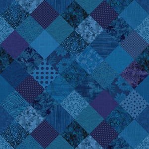 May include: A fabric quilt pattern featuring a repeating grid of diamond-shaped patches in various shades of blue. The design includes a mix of textures and motifs, such as polka dots, floral prints, abstract waves, and solid woven fabric squares.