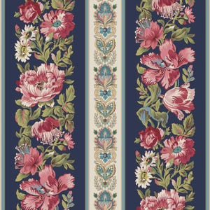 May include: Floral wallpaper with a navy blue background and vertical stripes. The design features large pink and red flowers with green leaves, and a central stripe with an ornate pattern in beige, teal, and gold.